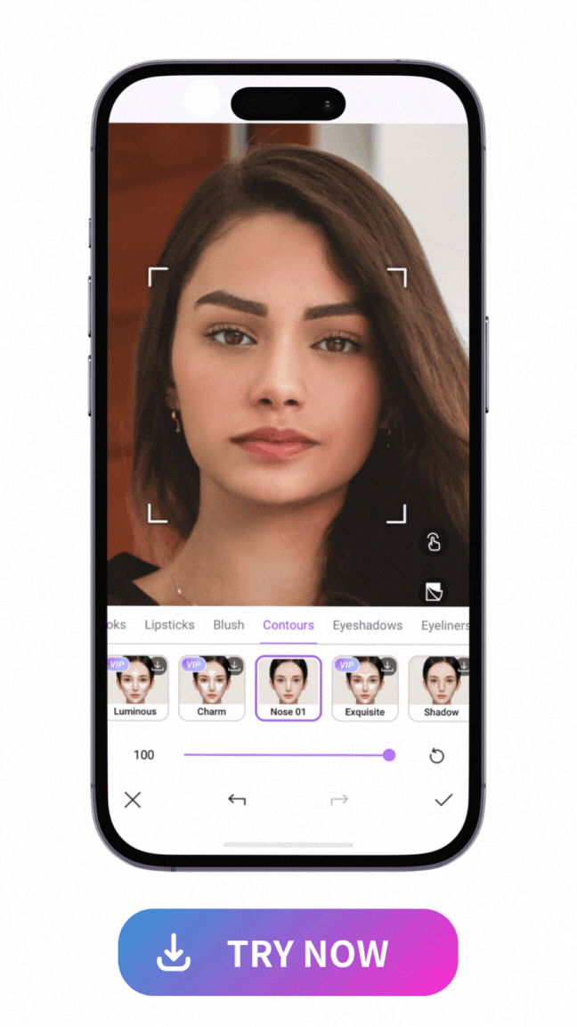 apply 4 different foundations on a woman's face with Vivid Glam's UI mockup